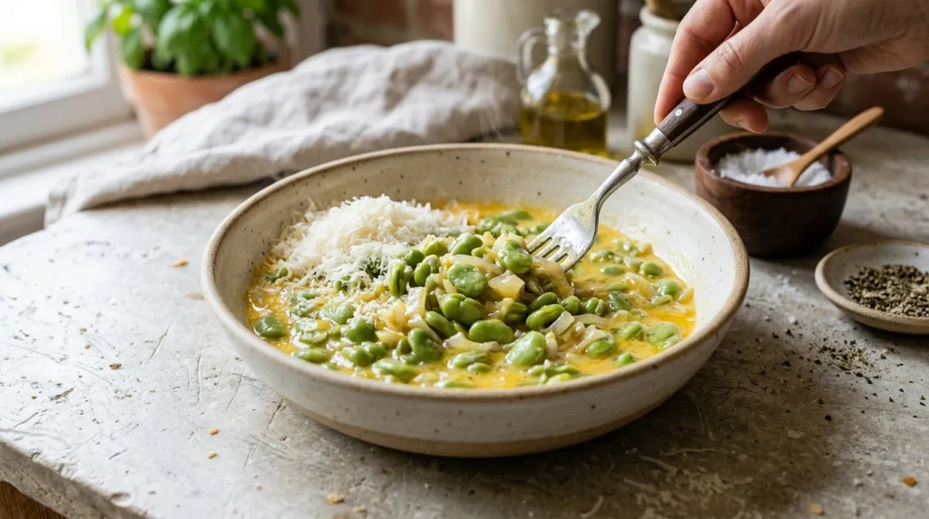Cooked fava beans mixed with eggs and Parmesan for a broad bean omelette