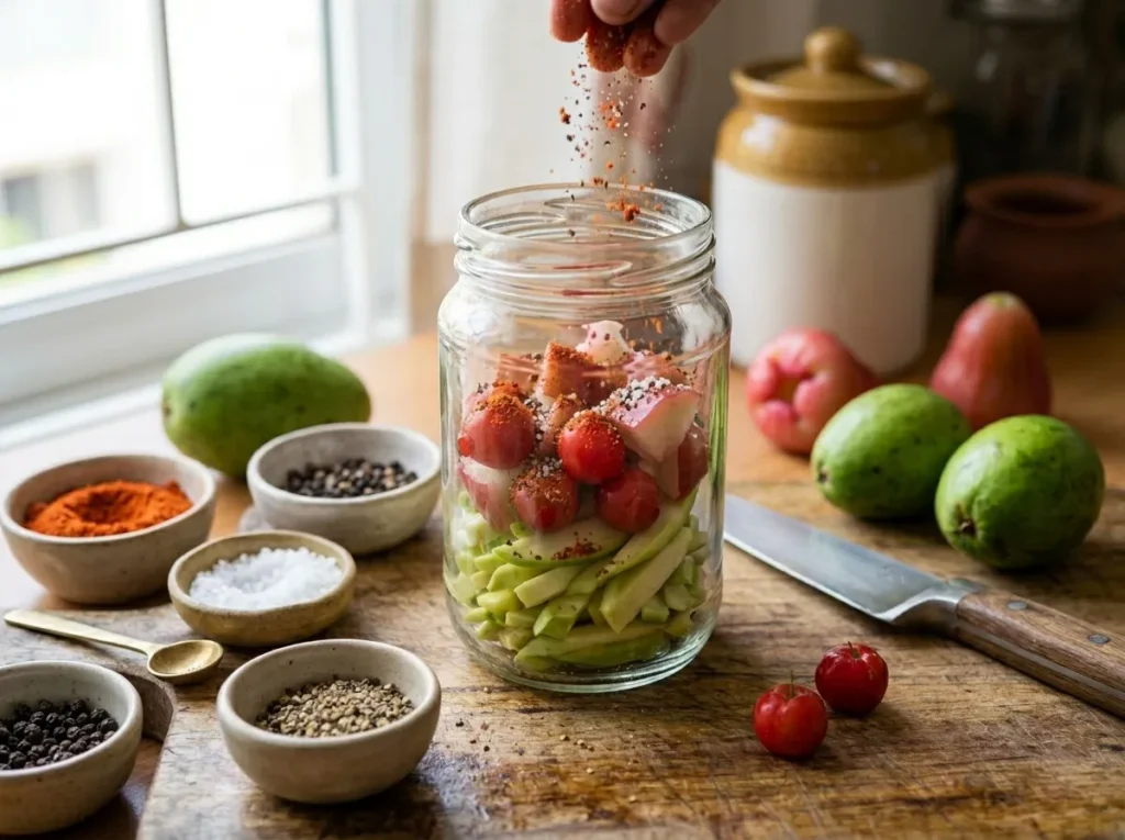 Tropical fruit pieces coated in chili seasoning and natural juices for spicy mixed fruit pickle.