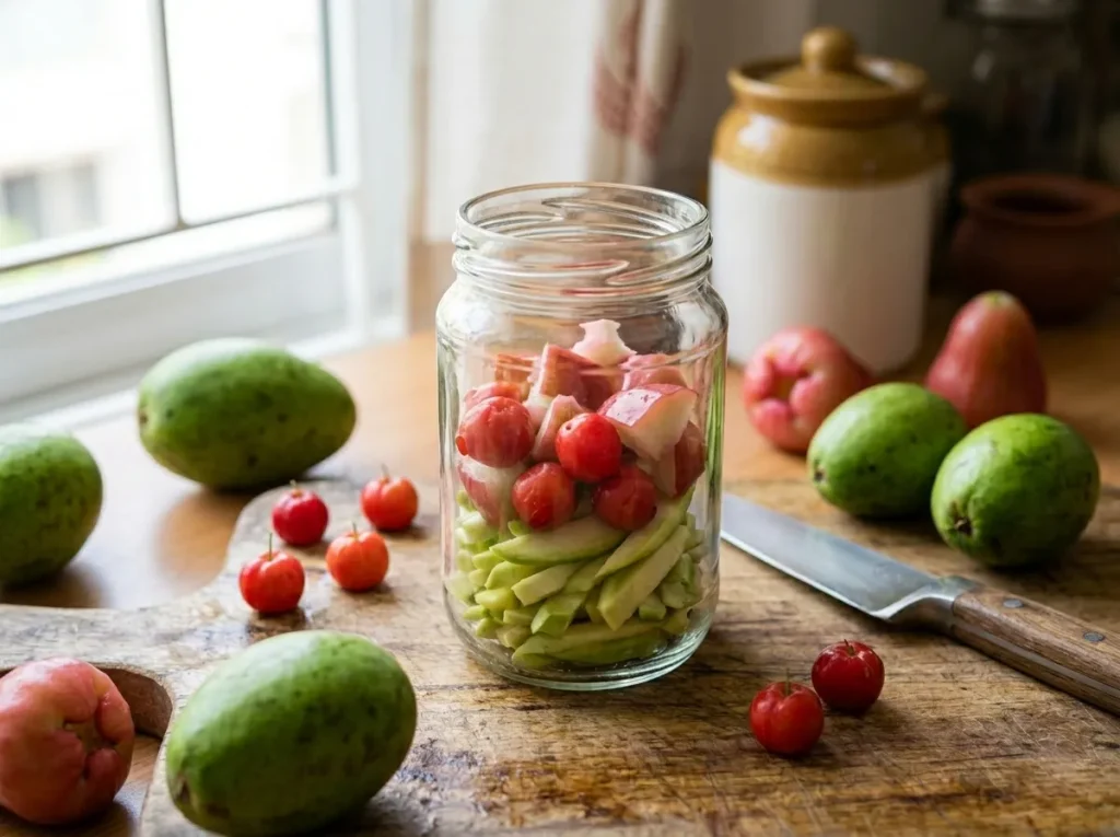 Green ambarella and raw mango slices layered in a clean glass jar for fruit pickle.