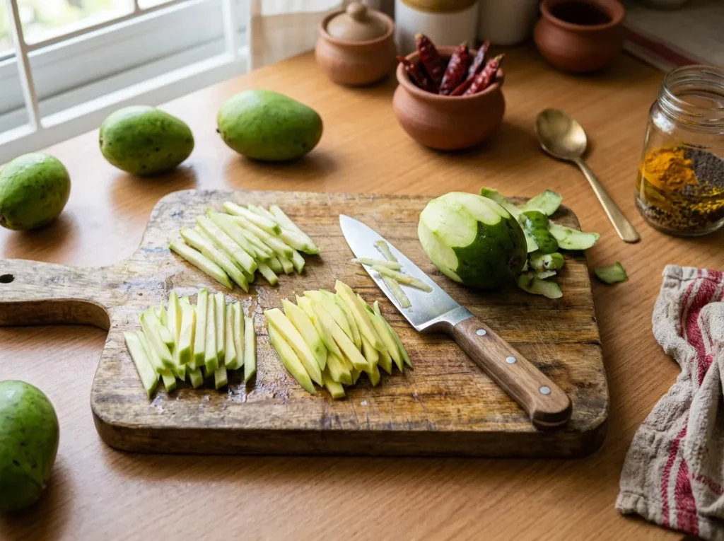 Thinly sliced green ambarella and raw mango for spicy mixed fruit pickle.