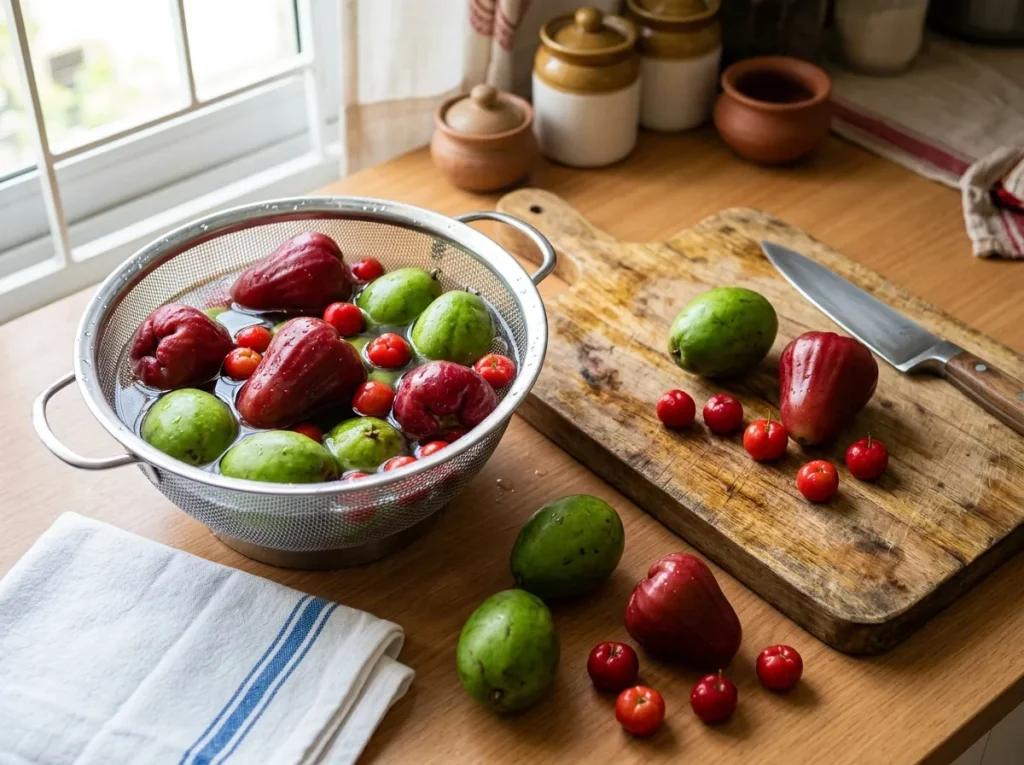 Fresh water apples, green ambarella and red cherries prepared for mixed fruit pickle.