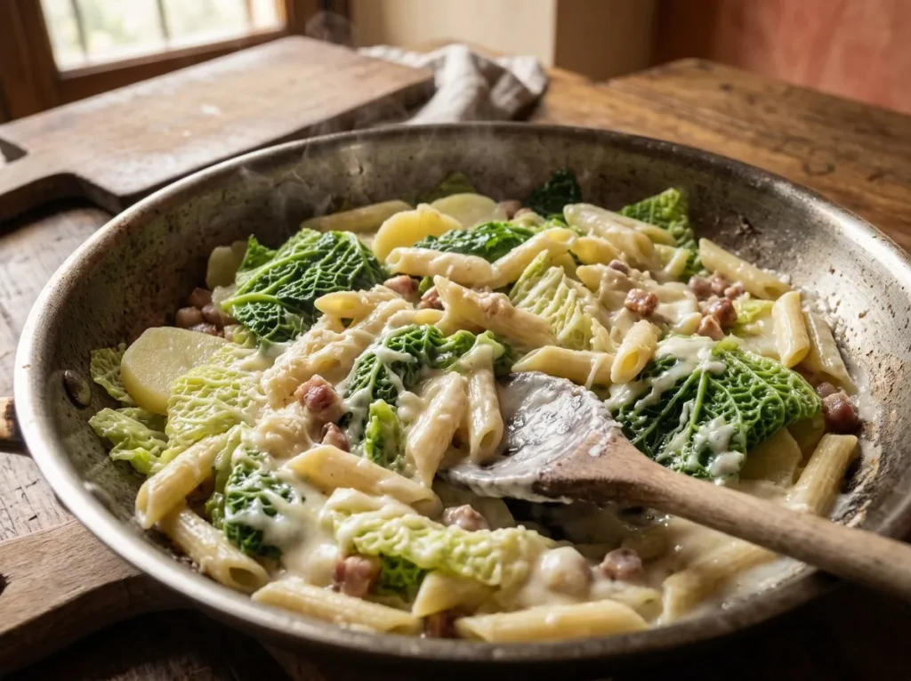 Pasta mixed with Savoy cabbage, pancetta, béchamel sauce, and mozzarella