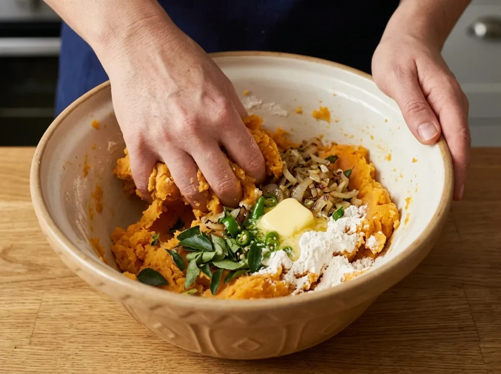 Mixing mashed sweet potatoes with spices, butter and flour