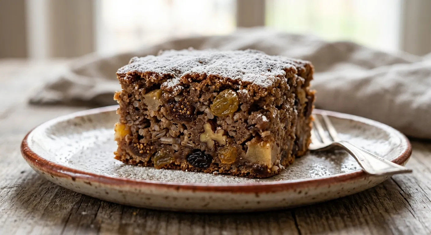 Traditional Italian Bostrengo cake with dried figs, walnuts, and powdered sugar.