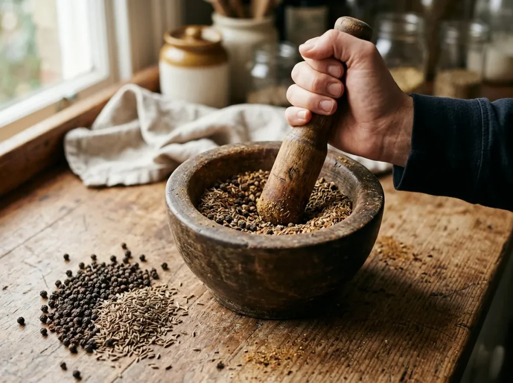 Black peppercorns and cumin seeds crushed in a wooden mortar for Sri Lankan fritter batter.