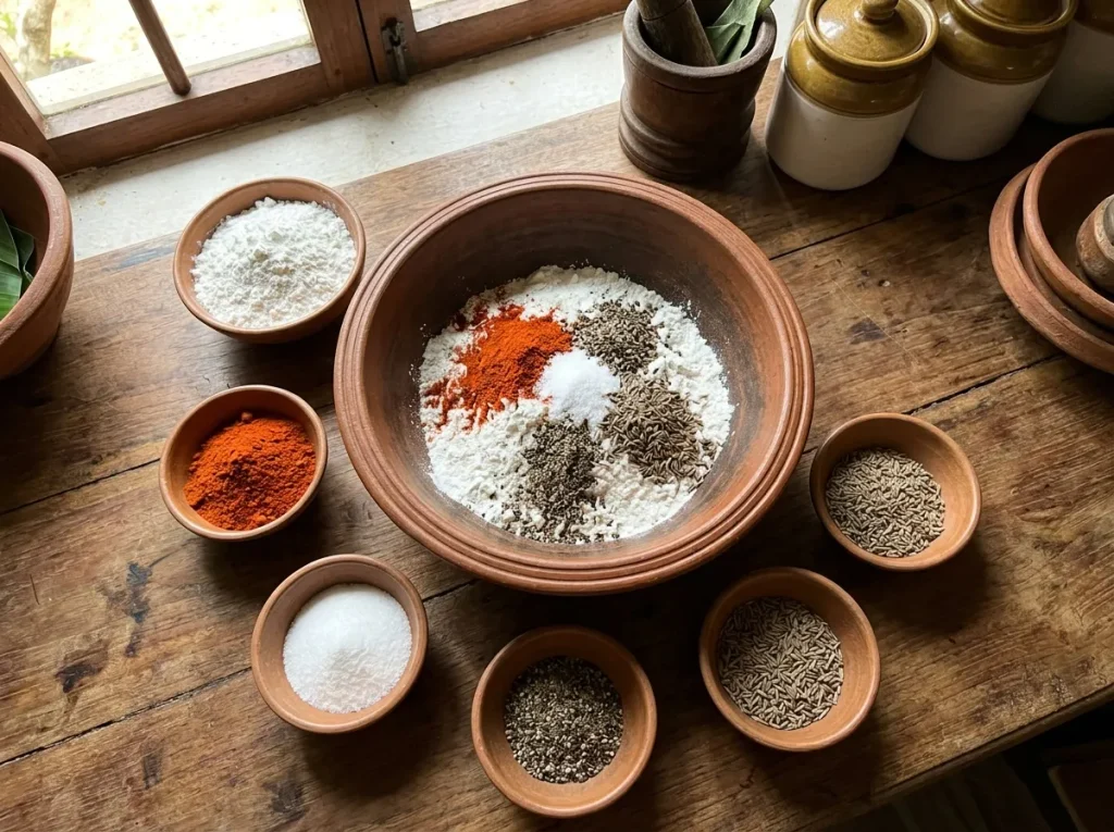 Rice flour, red chili powder, salt, crushed black pepper, and cumin prepared for fritter batter.