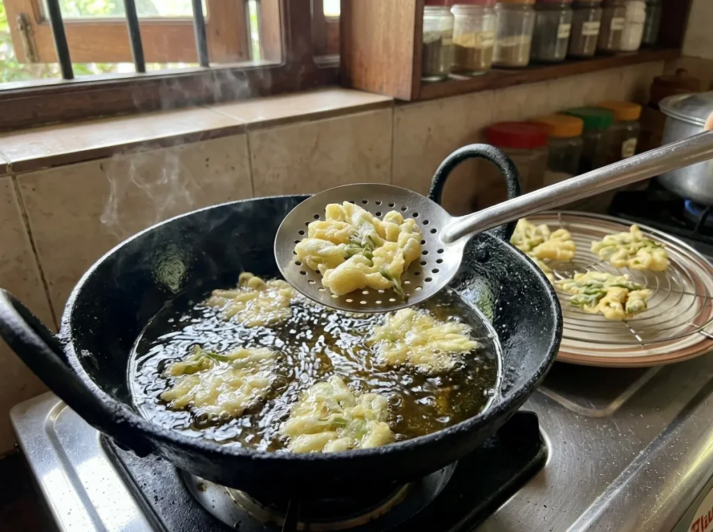 Golden battered botanical fritters frying in hot oil until crisp.