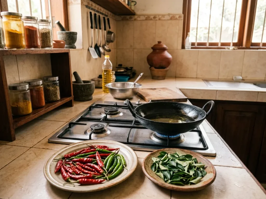 Fresh red and green chilies prepared beside a deep wok of heating cooking oil.