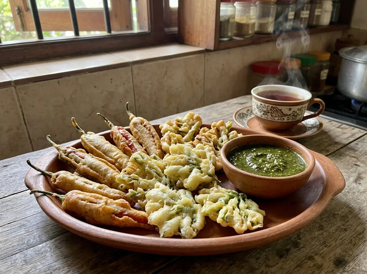 Crispy Sri Lankan Mussaenda Chili Papadam with golden-battered red and green chili fritters served on a plate.