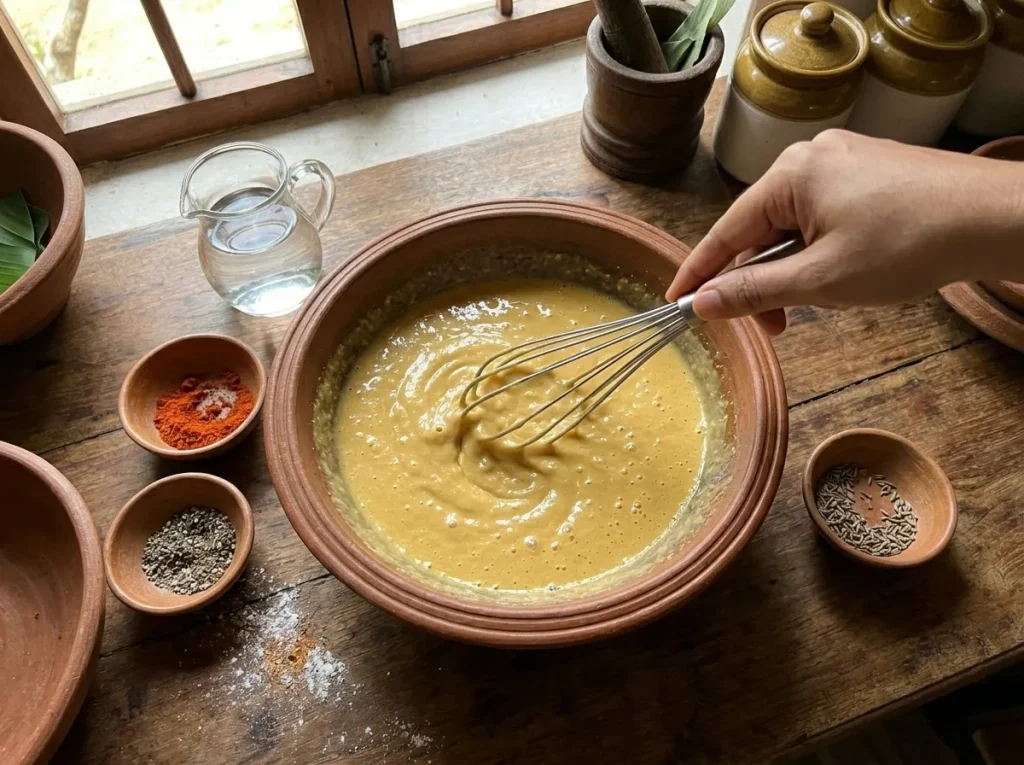 Eggs and water whisked into seasoned rice flour to make a smooth yellow fritter batter.