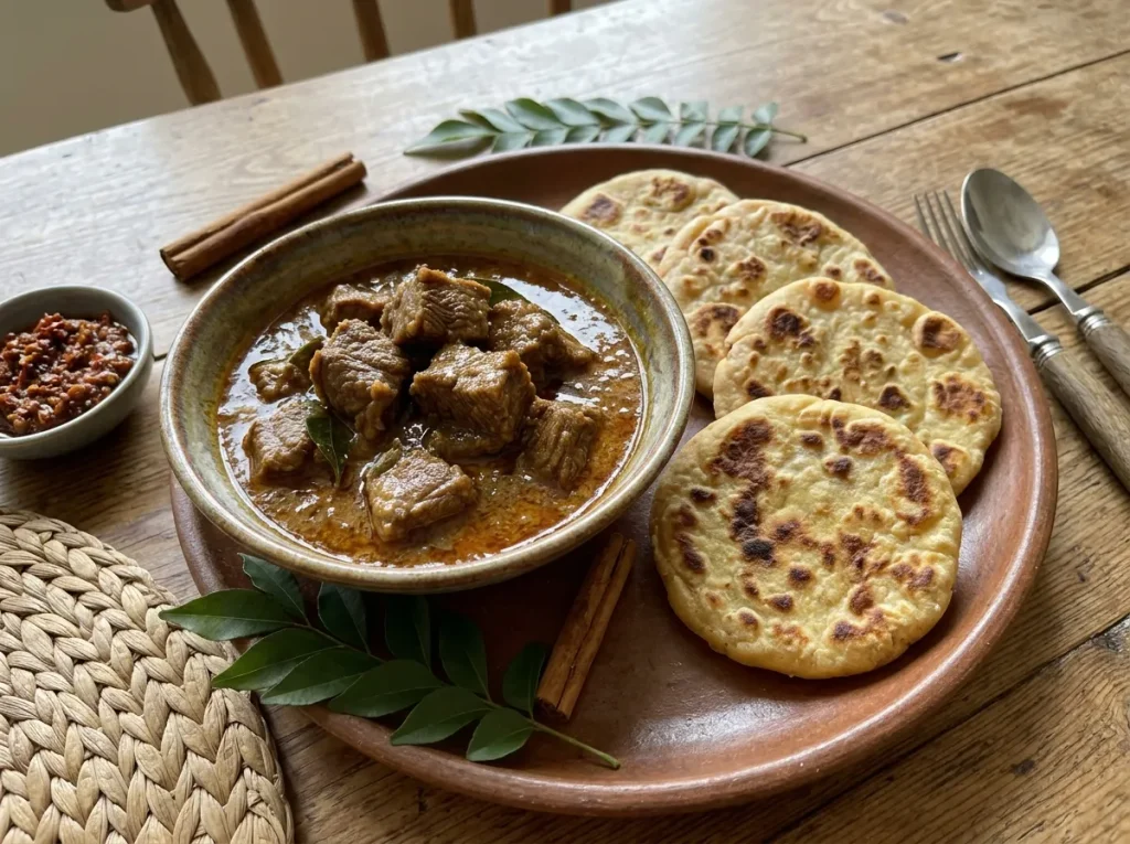 Sri Lankan mutton curry served with golden sweet potato roti