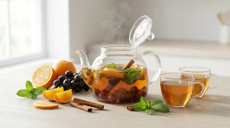 A clear glass teapot and cups filled with freshly brewed orange grape mint tea surrounded by fresh citrus, dark grapes, and mint leaves.