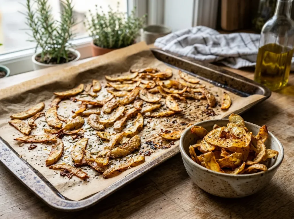 Oven-baked potato peel crisps seasoned with herbs and paprika
