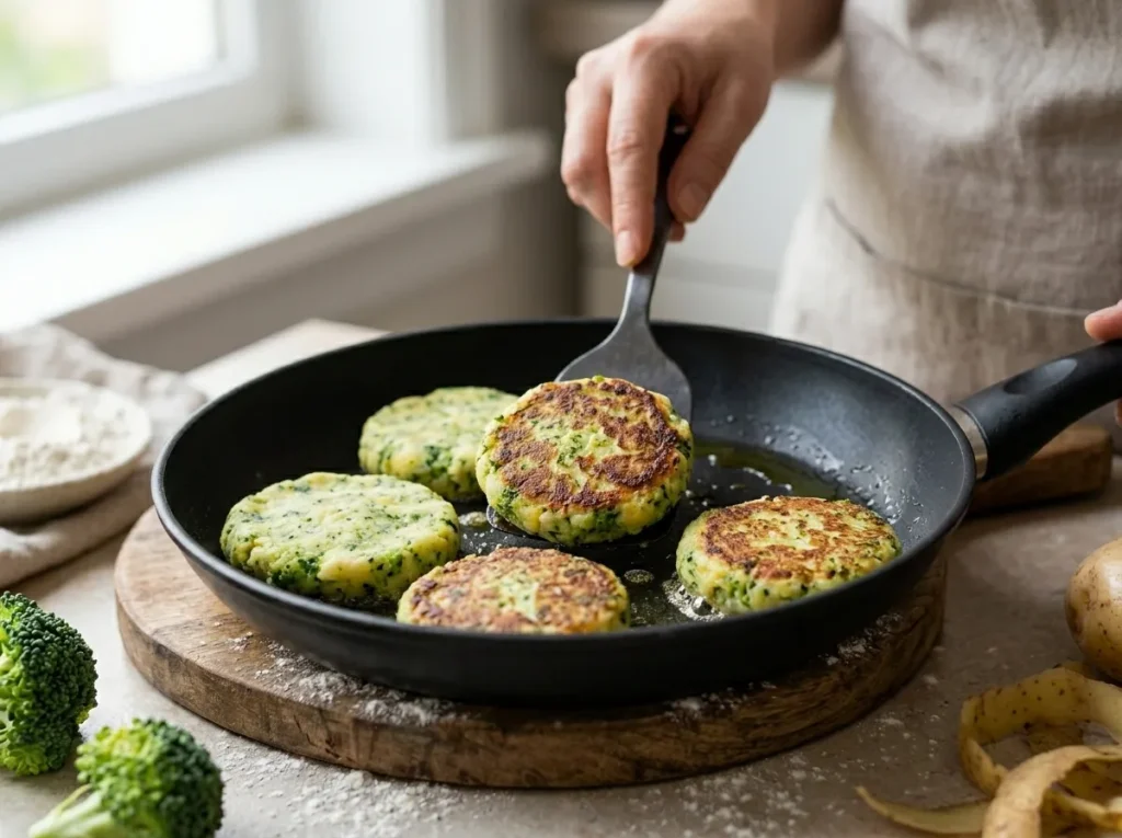 Broccoli and potato mini flatbreads frying in a skillet until golden