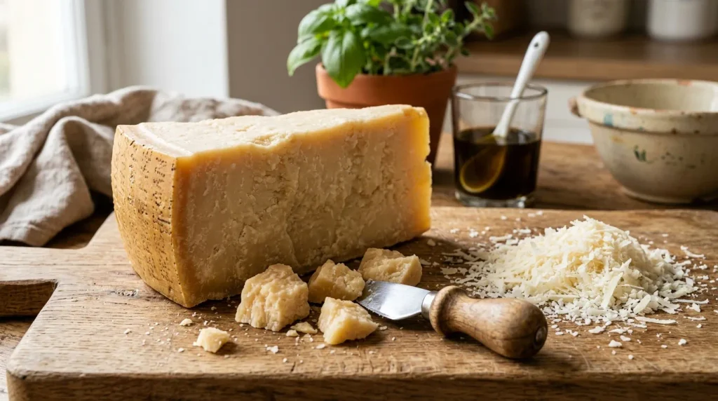 Parmigiano Reggiano cheese wedge with freshly grated Parmesan on a wooden board.