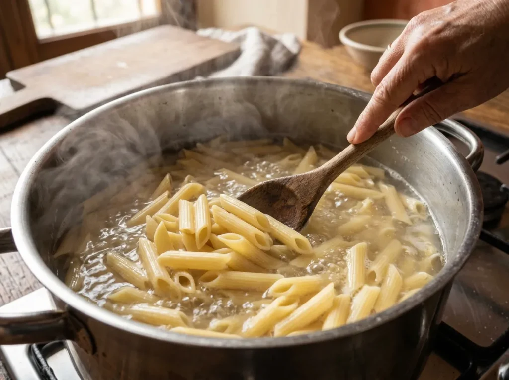 Short pasta partially cooked before baking