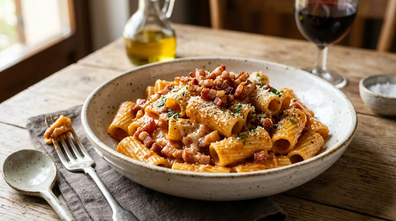 Pasta del Maresciallo with creamy tomato sauce, rigatoni, and crispy smoked bacon.