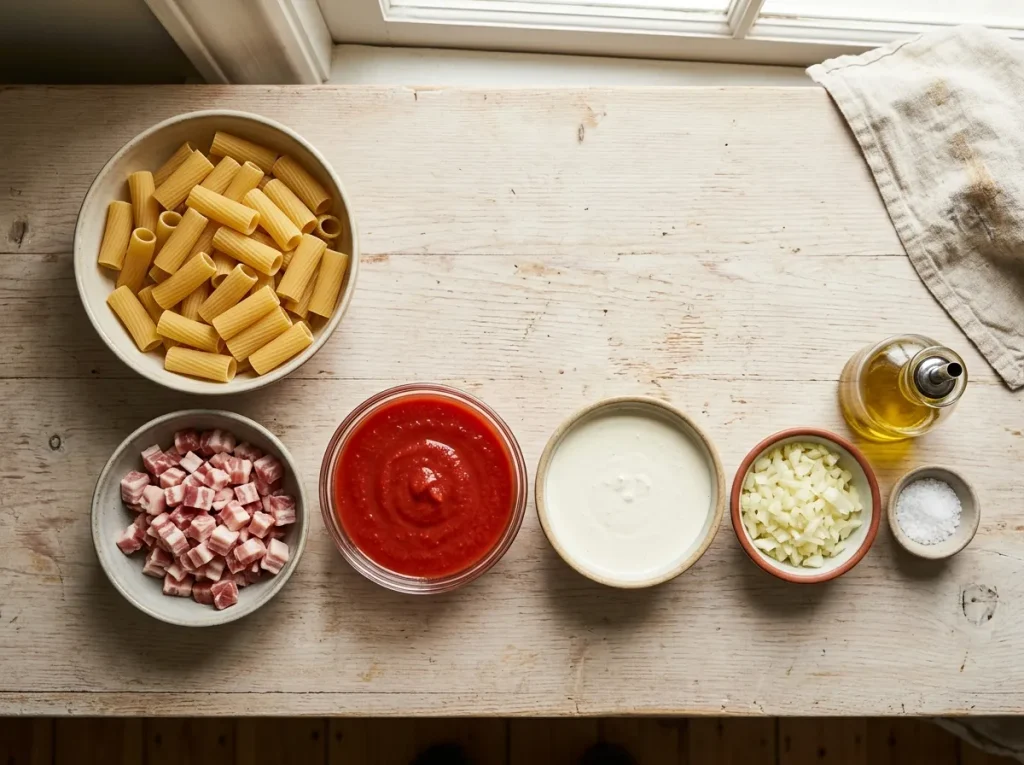 Ingredients for Pasta del Maresciallo including rigatoni, smoked bacon, tomato passata, cream, onion, and olive oil