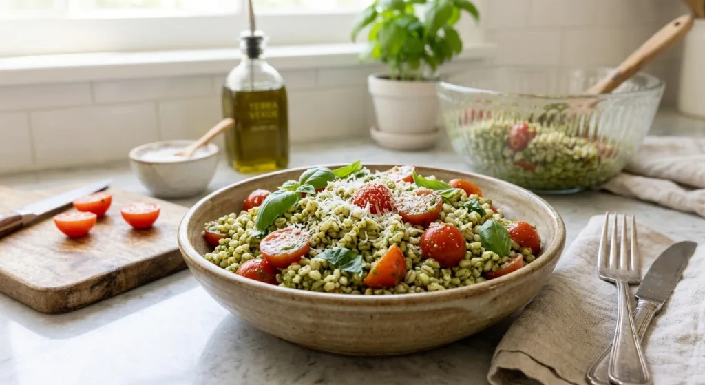 Barley Salad with Pesto and tomatoes garnished with fresh basil