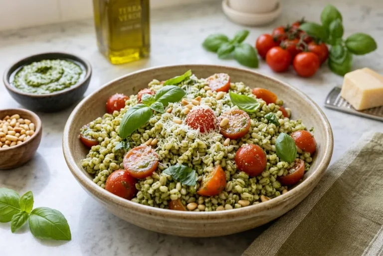 Barley Salad with Pesto and fresh cherry tomatoes served in a bowl