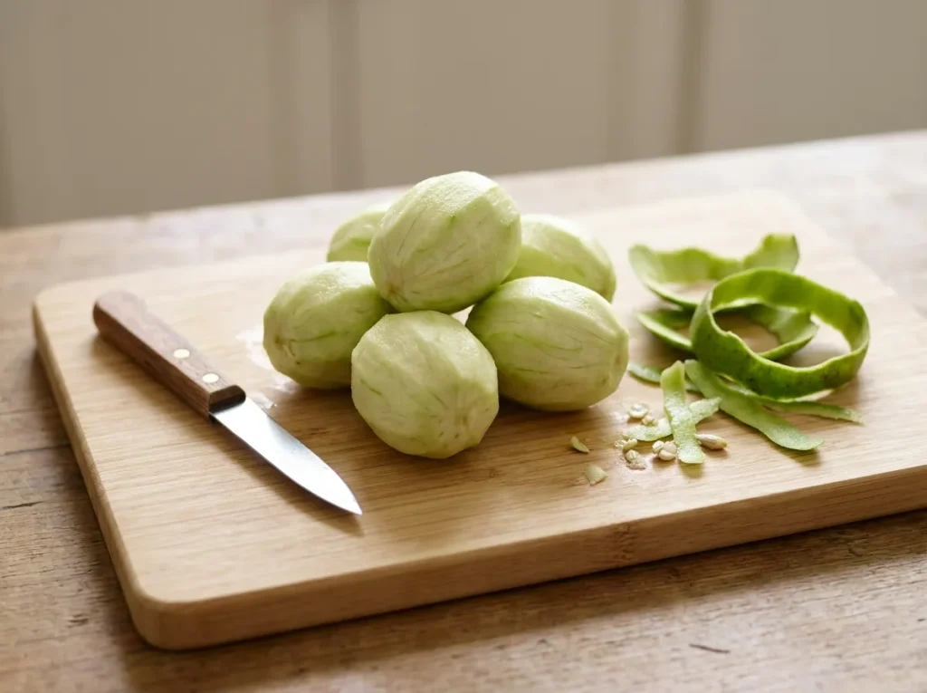 Fresh June plums being peeled for Sri Lankan ambarella chutney
