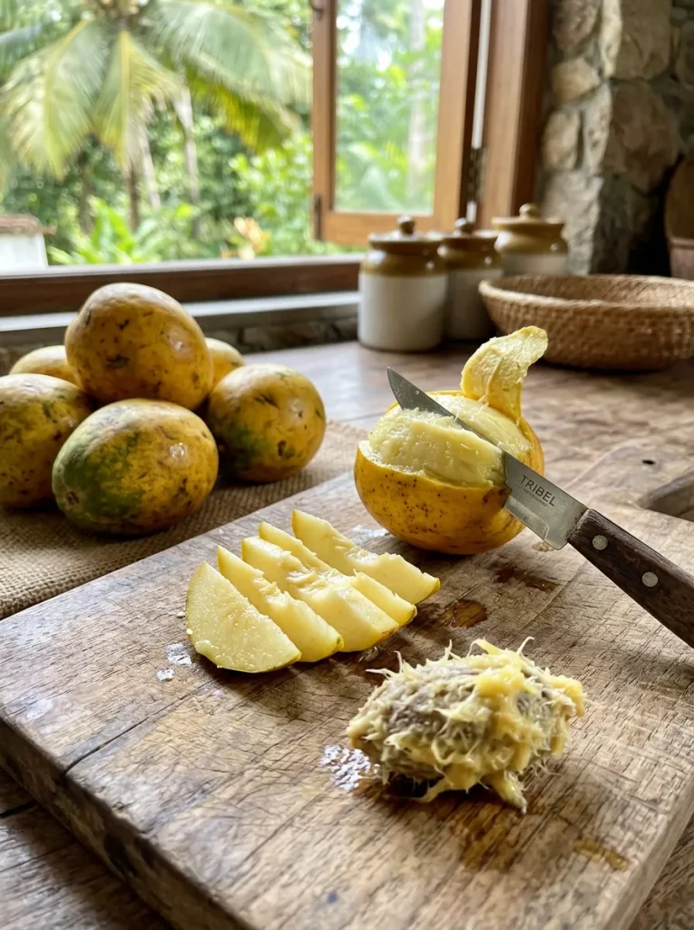 Ripe golden ambarella June plums peeled and sliced for a fresh tropical fruit drink.