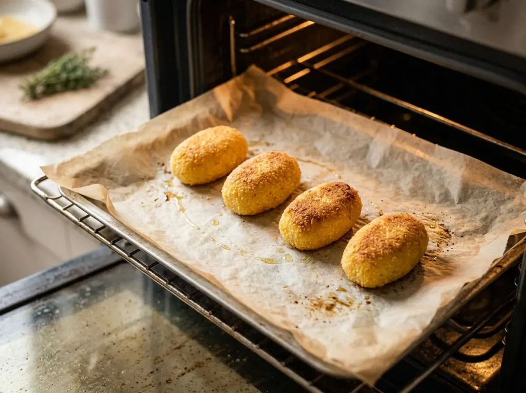 Golden polenta croquettes arranged on a parchment-lined baking tray