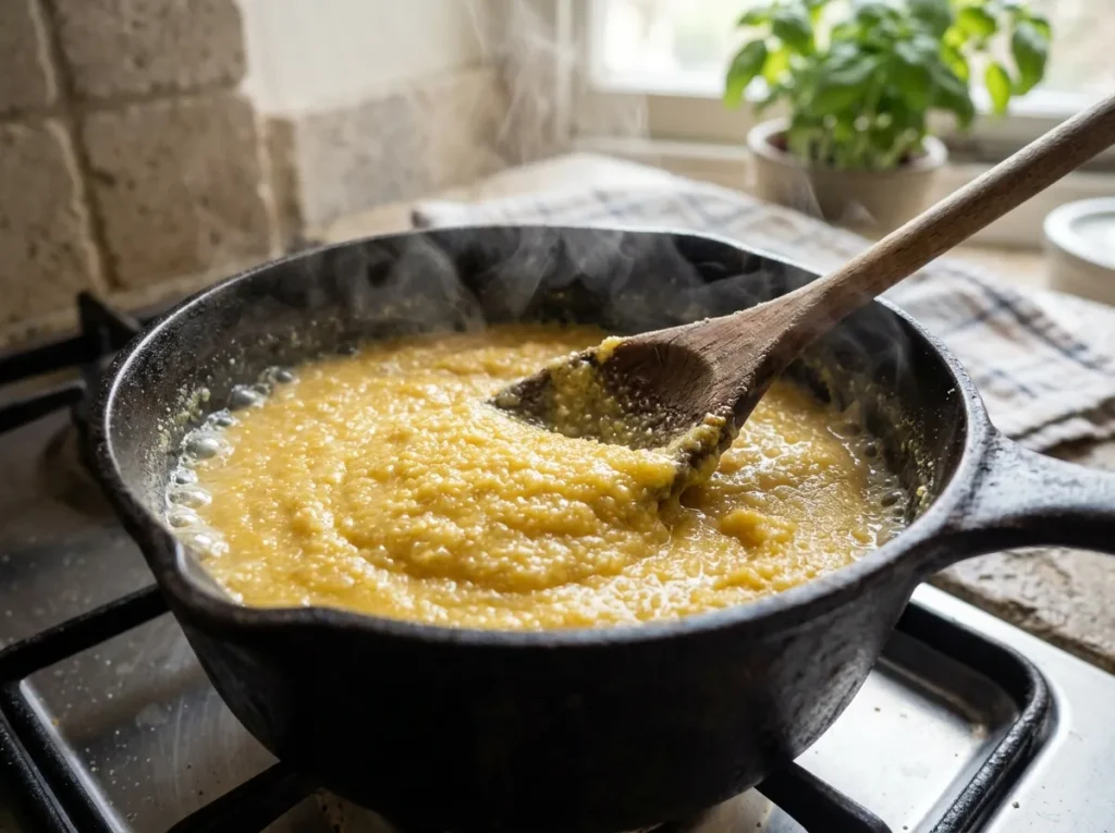 Cooking instant polenta in salted water in a saucepan