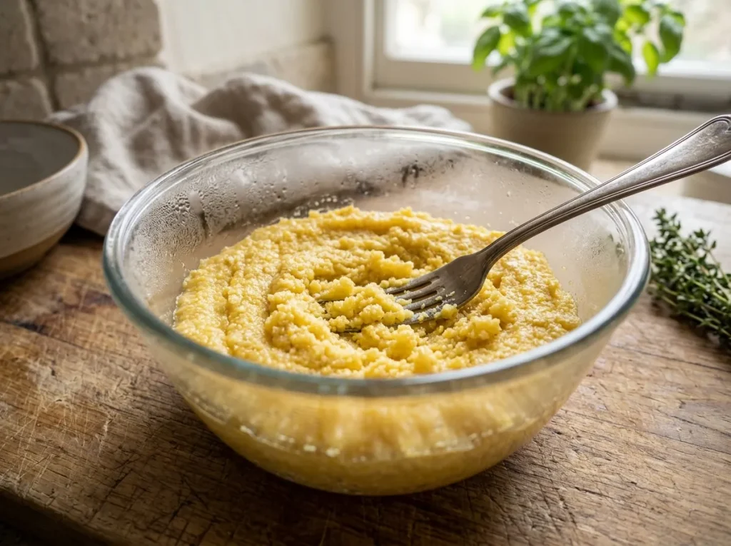 Mashing cooked polenta with a fork in a glass bowl