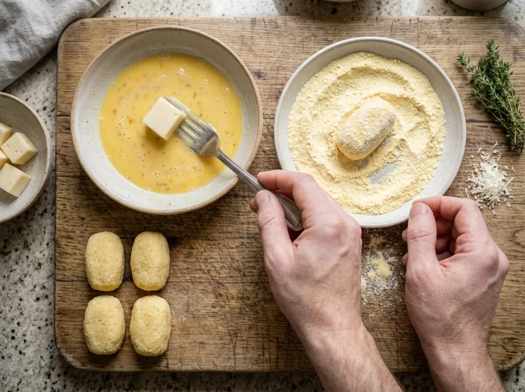 Coating polenta croquettes in beaten egg and corn flour