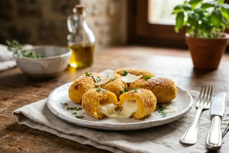 Crispy baked polenta croquettes filled with melted Fontina cheese