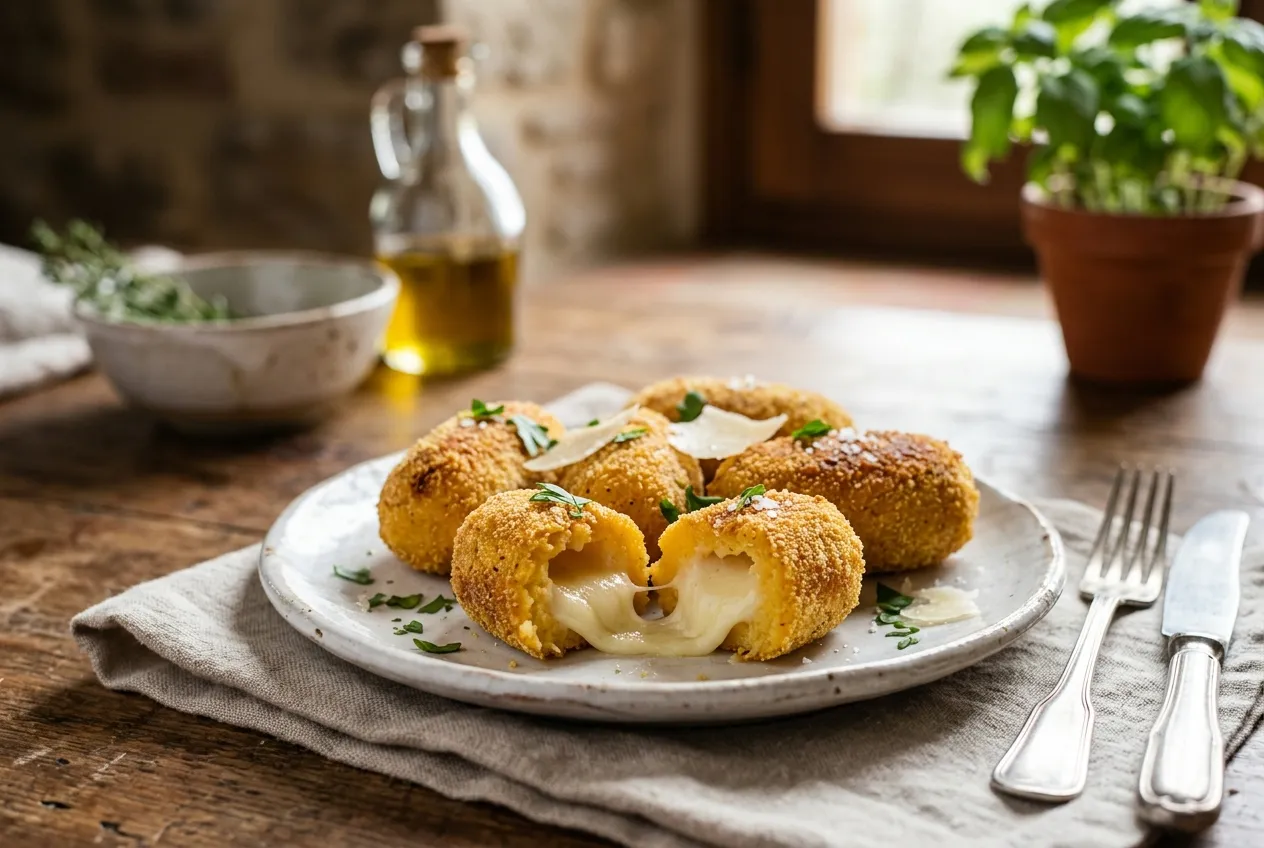 Crispy baked polenta croquettes filled with melted Fontina cheese