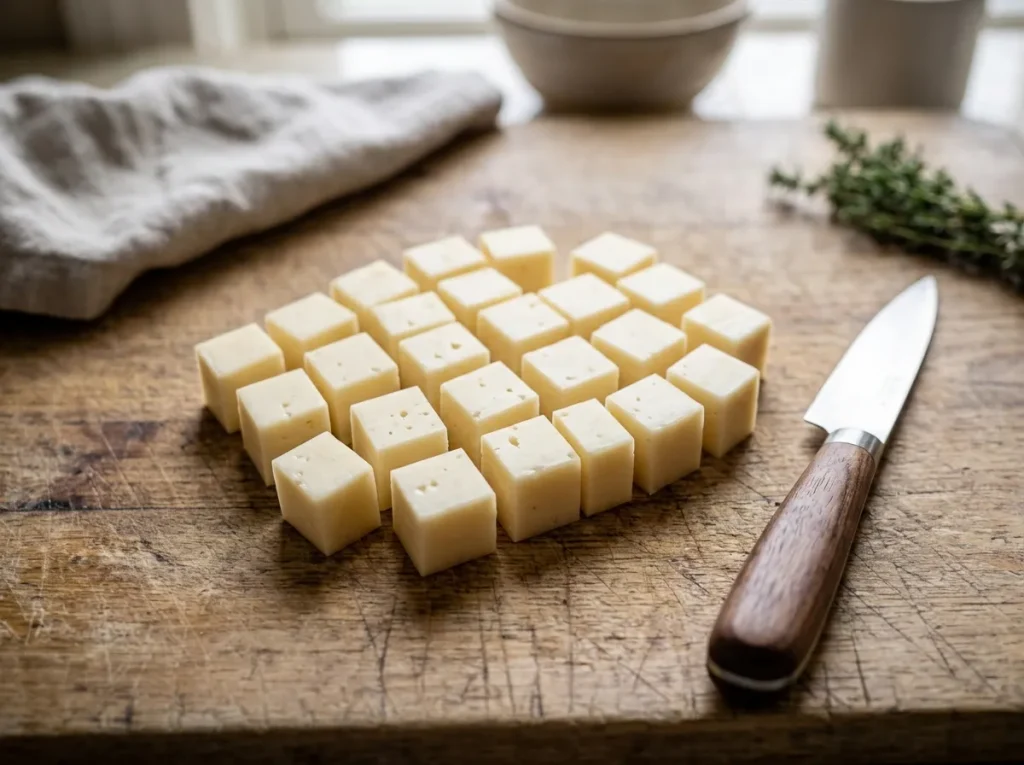 Fontina cheese cut into small cubes for polenta croquettes
