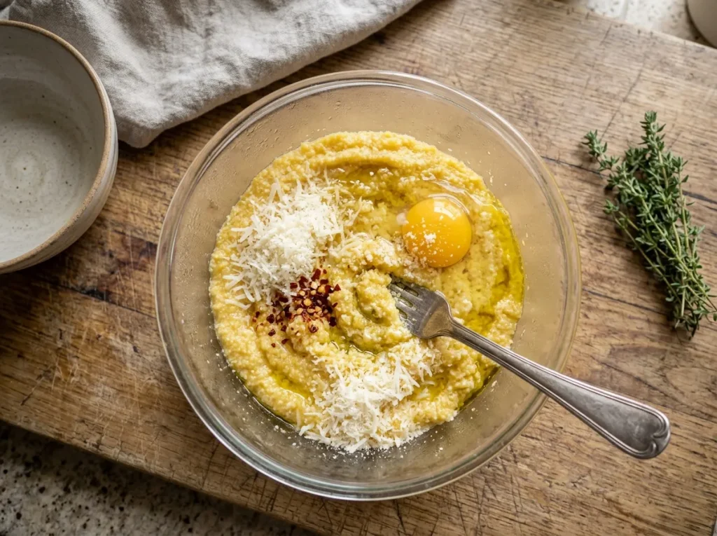 Mixing polenta with Parmesan cheese, egg, chili and olive oil
