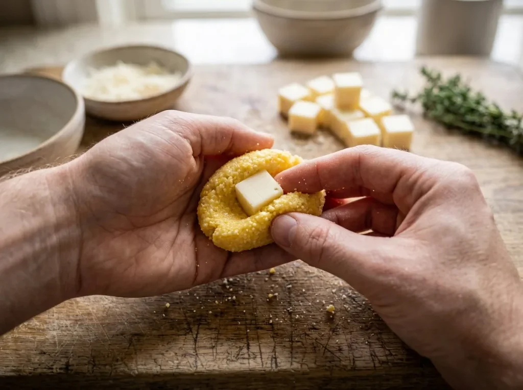 Shaping polenta mixture around a cube of Fontina cheese