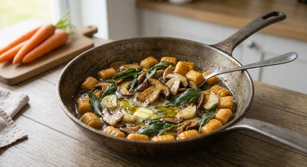 Porcini mushrooms and sage cooking in butter for carrot gnocchi