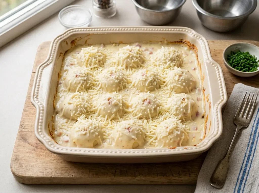 Stuffed potato balls covered with béchamel sauce and grated cheese