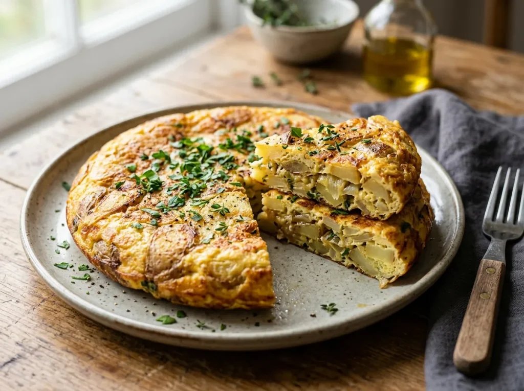 Homemade potato peel omelette with onions and fresh parsley