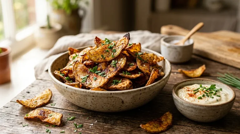 Crispy potato peel chips served with creamy garlic dipping sauce