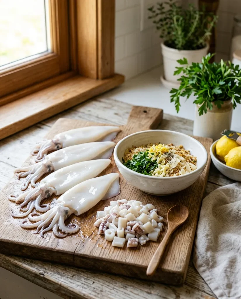 Cleaned calamari tubes and chopped tentacles for stuffing