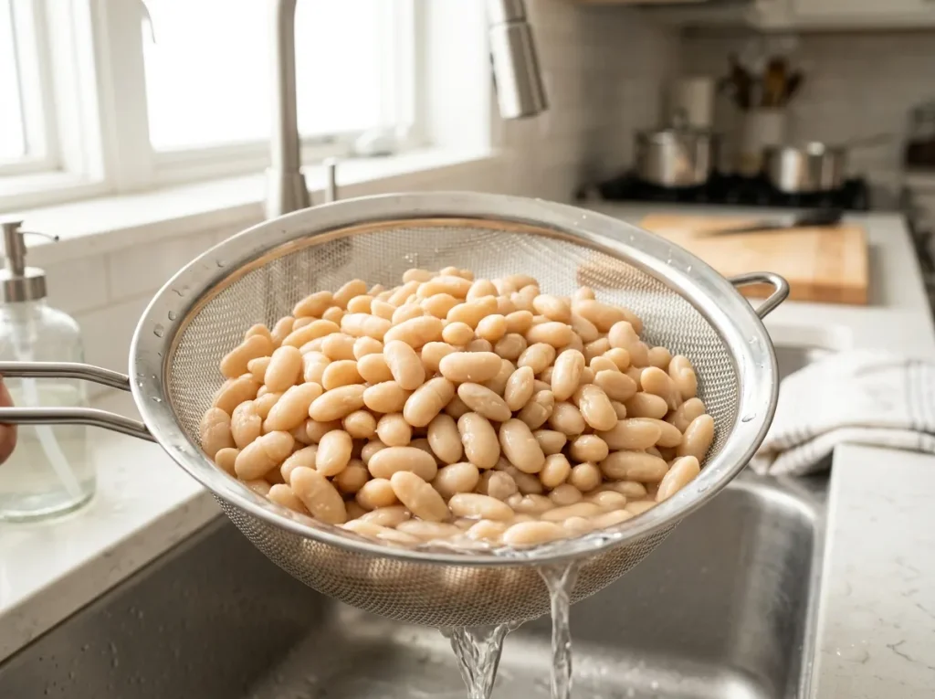 Drained cannellini beans for bean and tuna salad