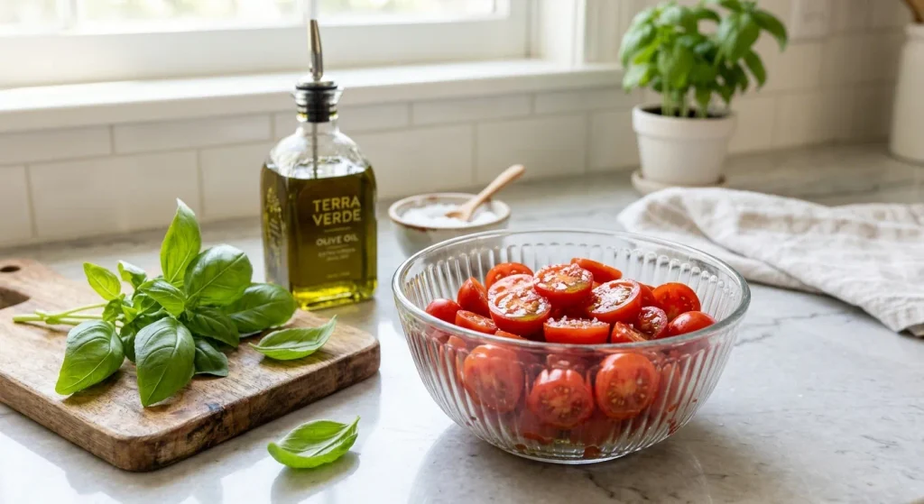 Halved cherry tomatoes seasoned for Barley Salad with Pesto