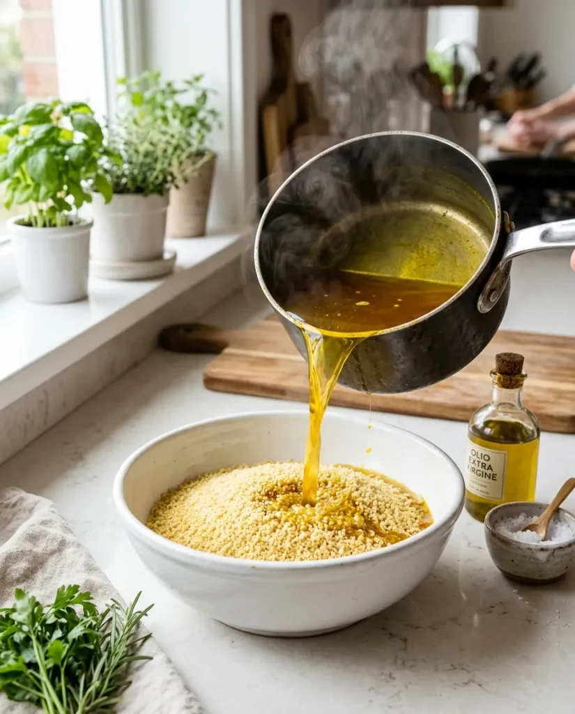 Instant couscous soaking in hot turmeric-seasoned water.