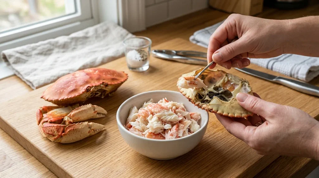 Preparing cooked crab meat for baked crab with cheese