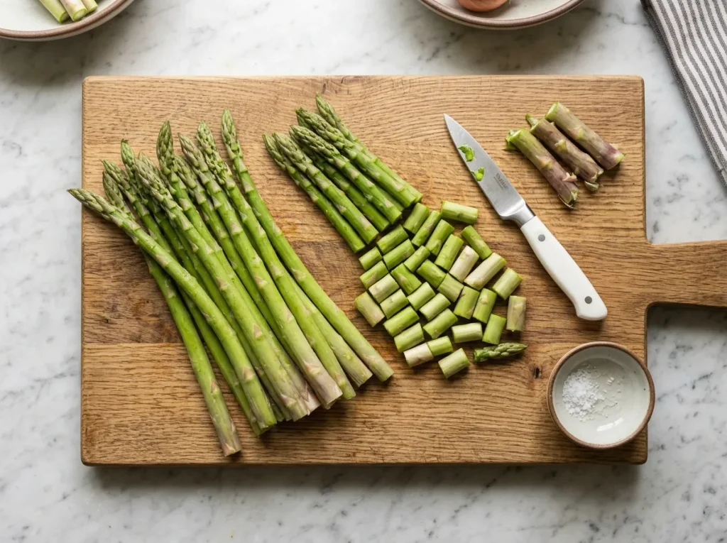 Fresh asparagus cut into pieces for asparagus sausage pasta