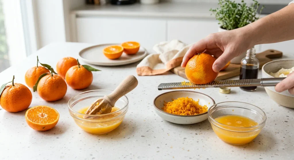 Fresh mandarins being zested and squeezed for mandarin cream
