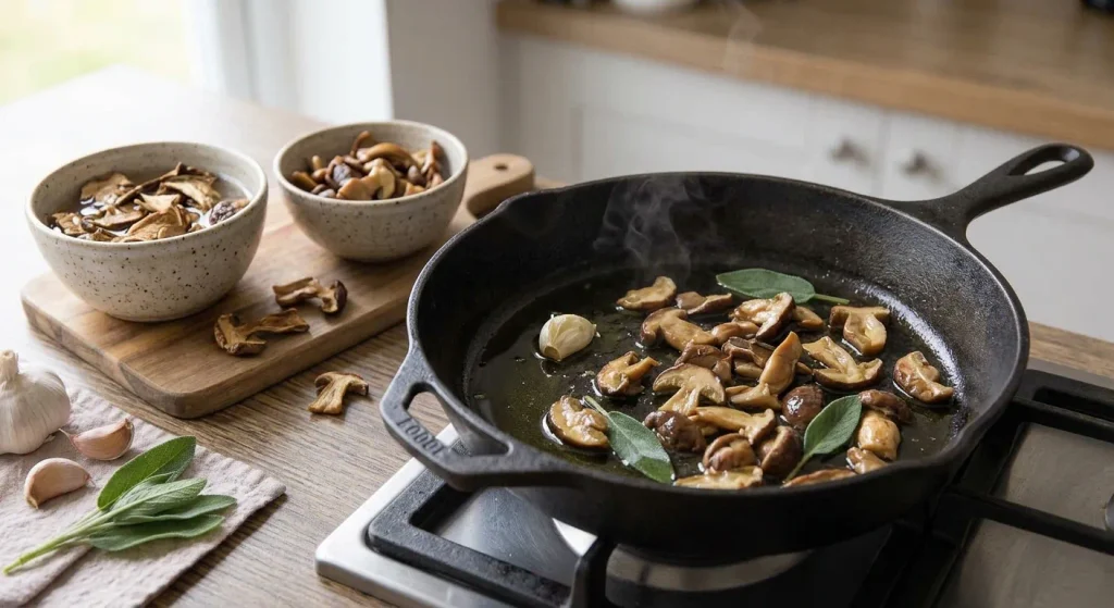 Porcini mushrooms and sage cooking in butter for carrot gnocchi