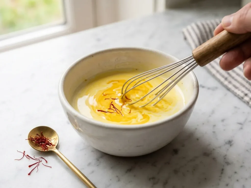 Cream mixed with saffron to make the sauce for asparagus sausage pasta