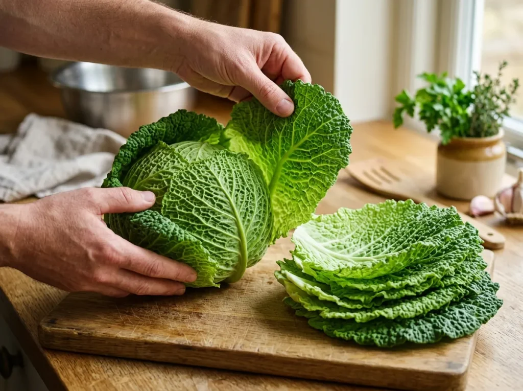 Large green Savoy cabbage leaves prepared for stuffing