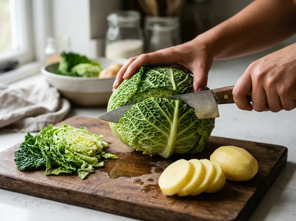 Chopped Savoy cabbage and sliced potatoes prepared for baked pasta